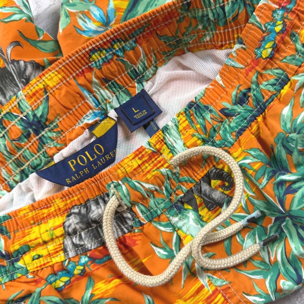 Polo Ralph Lauren Swim Trunks Mens L 5.5" Inseam Orange Elephant Tropical Safari